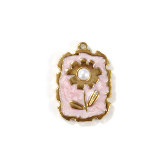 Image de 2 PCs Eco-friendly PVD Vacuum Plating 304 Stainless Steel Charms 18K Real Gold Plated Light Pink Enamel Rectangle Flower Imitation Pearl 26mm x 18mm