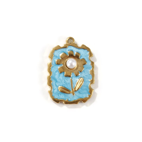 Image de 2 PCs Eco-friendly PVD Vacuum Plating 304 Stainless Steel Charms 18K Real Gold Plated Blue Enamel Rectangle Flower Imitation Pearl 26mm x 18mm
