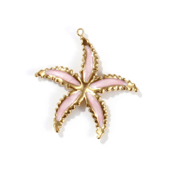 Image de 2 PCs Eco-friendly PVD Vacuum Plating 304 Stainless Steel Ocean Jewelry Pendants 18K Real Gold Plated Light Pink Enamel Star Fish Pearlized 3.6cm x 3.6cm