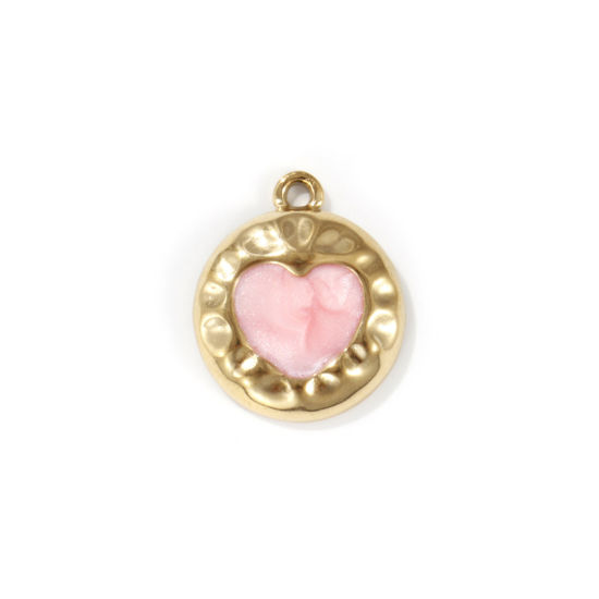 Image de 2 PCs Eco-friendly PVD Vacuum Plating 304 Stainless Steel Valentine's Day Charms 18K Real Gold Plated Light Pink Enamel Round Heart Pearlized 18mm x 15mm