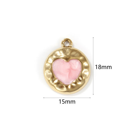 Image de 2 PCs Eco-friendly PVD Vacuum Plating 304 Stainless Steel Valentine's Day Charms 18K Real Gold Plated Light Pink Enamel Round Heart Pearlized 18mm x 15mm