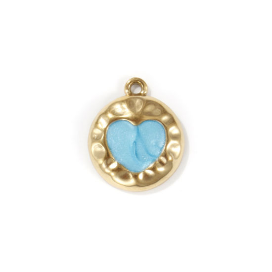 Image de 2 PCs Eco-friendly PVD Vacuum Plating 304 Stainless Steel Valentine's Day Charms 18K Real Gold Plated Blue Enamel Round Heart Pearlized 18mm x 15mm