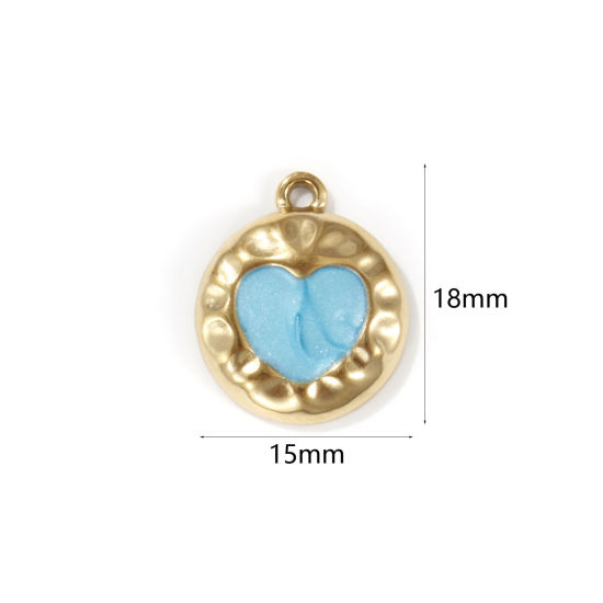 Image de 2 PCs Eco-friendly PVD Vacuum Plating 304 Stainless Steel Valentine's Day Charms 18K Real Gold Plated Blue Enamel Round Heart Pearlized 18mm x 15mm