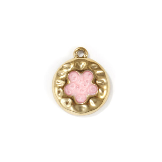 Image de 2 PCs Eco-friendly PVD Vacuum Plating 304 Stainless Steel Valentine's Day Charms 18K Real Gold Plated Light Pink Enamel Round Flower Pearlized 18mm x 15mm