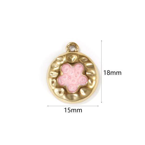 Image de 2 PCs Eco-friendly PVD Vacuum Plating 304 Stainless Steel Valentine's Day Charms 18K Real Gold Plated Light Pink Enamel Round Flower Pearlized 18mm x 15mm