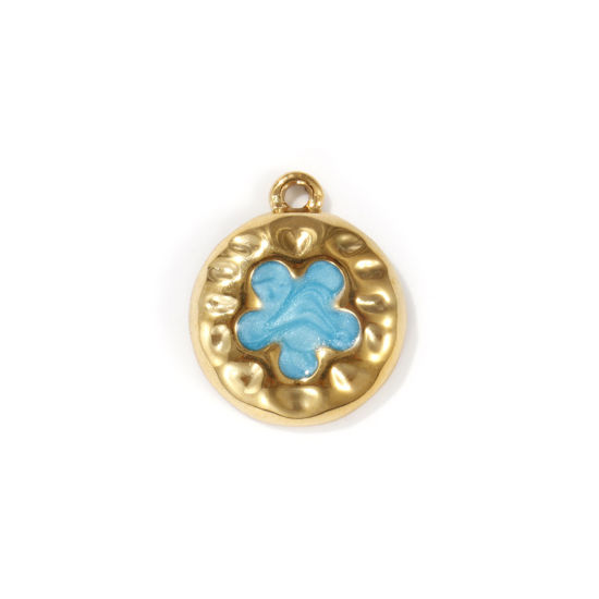 Image de 2 PCs Eco-friendly PVD Vacuum Plating 304 Stainless Steel Valentine's Day Charms 18K Real Gold Plated Blue Enamel Round Flower Pearlized 18mm x 15mm