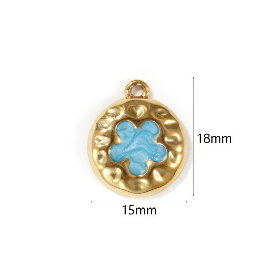 Image de 2 PCs Eco-friendly PVD Vacuum Plating 304 Stainless Steel Valentine's Day Charms 18K Real Gold Plated Blue Enamel Round Flower Pearlized 18mm x 15mm