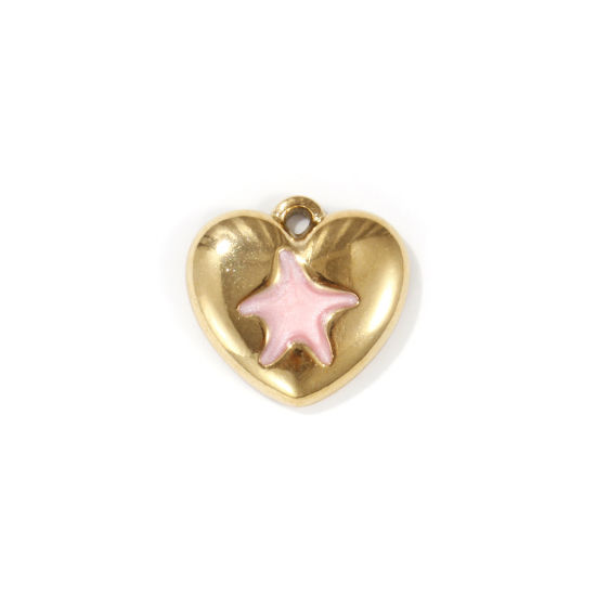 Image de 2 PCs Eco-friendly PVD Vacuum Plating 304 Stainless Steel Valentine's Day Charms 18K Real Gold Plated Light Pink Enamel Heart Star Fish Pearlized 15.5mm x 15mm