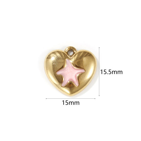 Image de 2 PCs Eco-friendly PVD Vacuum Plating 304 Stainless Steel Valentine's Day Charms 18K Real Gold Plated Light Pink Enamel Heart Star Fish Pearlized 15.5mm x 15mm
