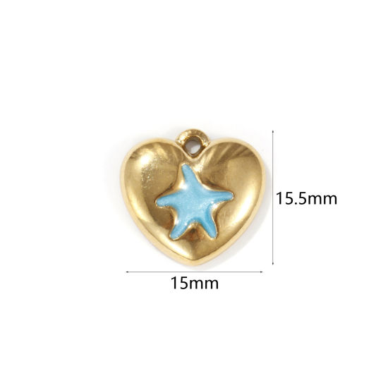 Image de 2 PCs Eco-friendly PVD Vacuum Plating 304 Stainless Steel Valentine's Day Charms 18K Real Gold Plated Blue Enamel Heart Star Fish Pearlized 15.5mm x 15mm