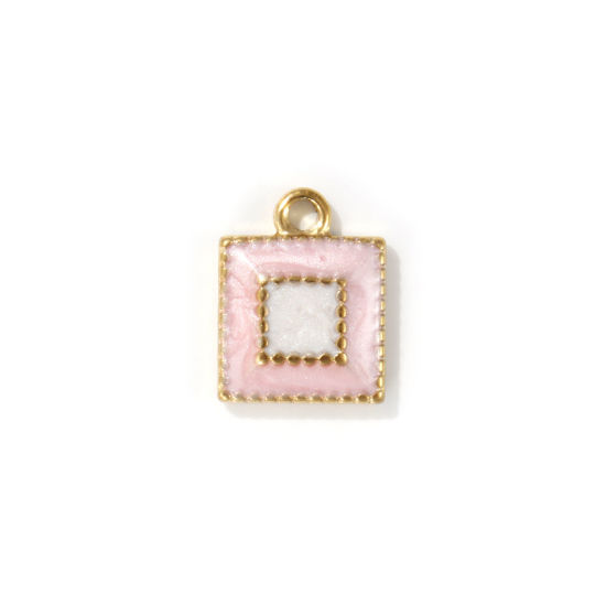 Image de 2 PCs Eco-friendly PVD Vacuum Plating 304 Stainless Steel Geometric Charms 18K Real Gold Plated Light Pink Enamel Square Pearlized 13mm x 10mm