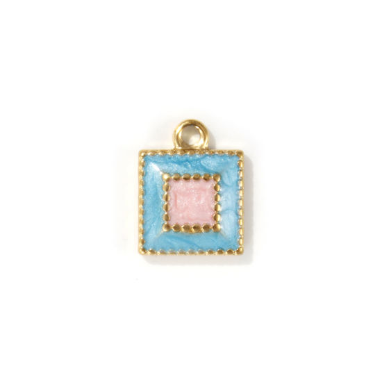 Image de 2 PCs Eco-friendly PVD Vacuum Plating 304 Stainless Steel Geometric Charms 18K Real Gold Plated Blue Enamel Square Pearlized 13mm x 10mm