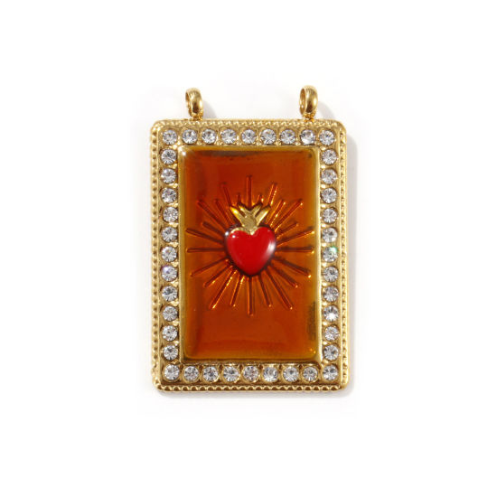 Изображение 1 Piece Eco-friendly PVD Vacuum Plating 304 Stainless Steel Religious Pendants 18K Real Gold Plated Amber Enamel Rectangle Ex Voto Heart Clear Cubic Zirconia 3.6cm x 2.3cm