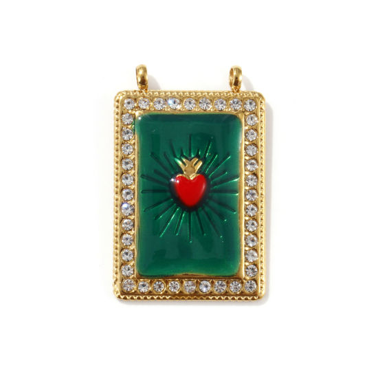 Изображение 1 Piece Eco-friendly PVD Vacuum Plating 304 Stainless Steel Religious Pendants 18K Real Gold Plated Green Enamel Rectangle Ex Voto Heart Clear Cubic Zirconia 3.6cm x 2.3cm