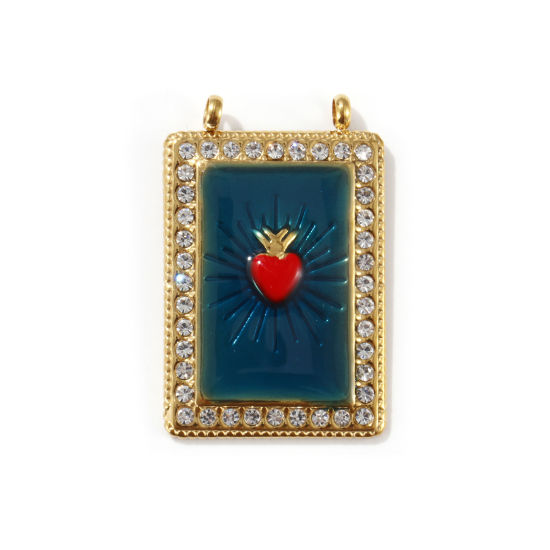 Изображение 1 Piece Eco-friendly PVD Vacuum Plating 304 Stainless Steel Religious Pendants 18K Real Gold Plated Green Blue Enamel Rectangle Ex Voto Heart Clear Cubic Zirconia 3.6cm x 2.3cm