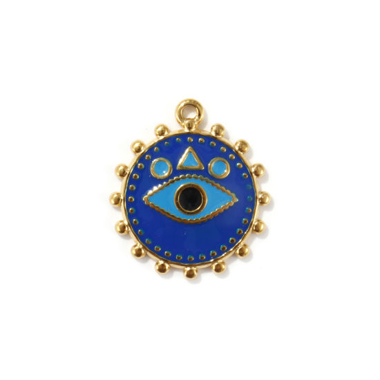 Изображение 2 PCs Eco-friendly PVD Vacuum Plating 304 Stainless Steel Religious Charms 18K Real Gold Plated Dark Blue Enamel Round Eye of Providence/ All-seeing Eye 21mm x 18.5mm