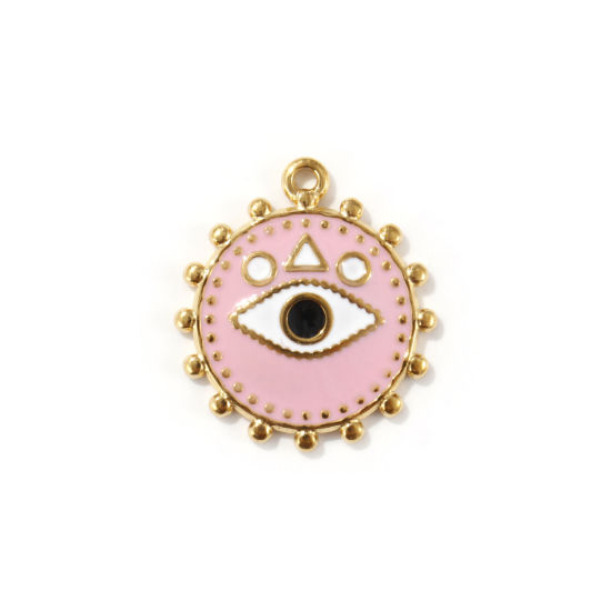 Изображение 2 PCs Eco-friendly PVD Vacuum Plating 304 Stainless Steel Religious Charms 18K Real Gold Plated Pink Enamel Round Eye of Providence/ All-seeing Eye 21mm x 18.5mm
