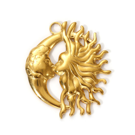 Immagine di 2 PCs Eco-friendly PVD Vacuum Plating 304 Stainless Steel Galaxy Pendants 18K Real Gold Plated Half Moon Kissy Face 3.3cm x 2.8cm