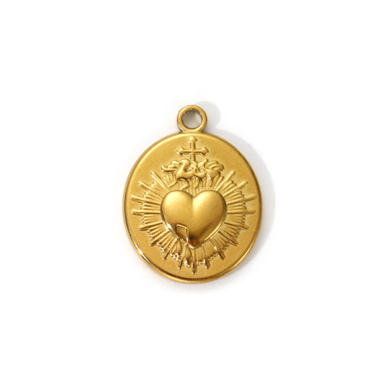 Immagine di 2 PCs Eco-friendly PVD Vacuum Plating 304 Stainless Steel Religious Charms 18K Real Gold Plated Oval Ex Voto Heart 24mm x 18mm