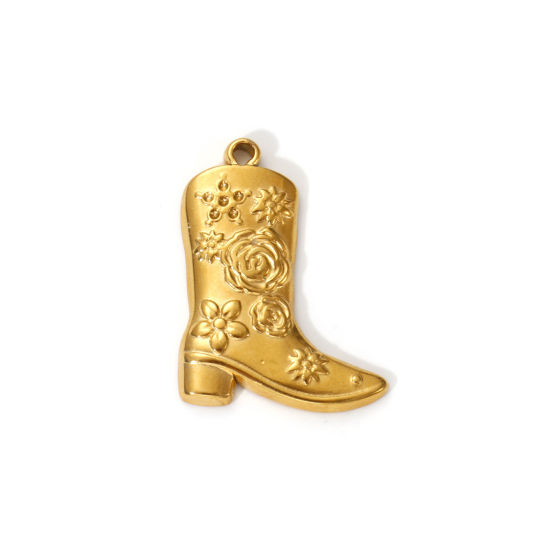 Immagine di 2 PCs Eco-friendly PVD Vacuum Plating 304 Stainless Steel West Cowboy Charms 18K Real Gold Plated Boots Rose Flower 28mm x 21mm