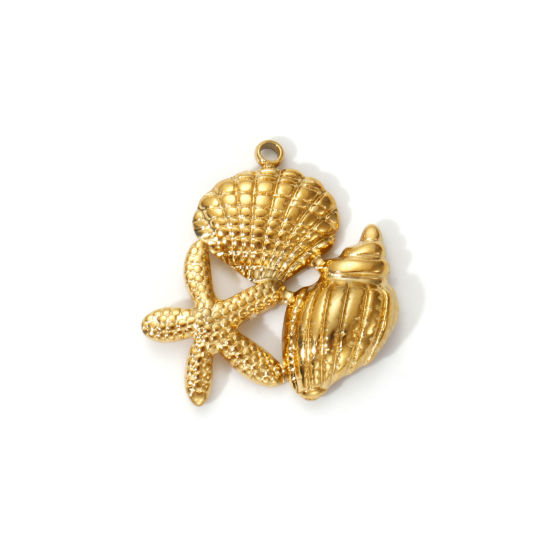 Imagen de 2 PCs Eco-friendly PVD Vacuum Plating 304 Stainless Steel Charms 18K Real Gold Plated Shell Star Fish 22mm x 21mm