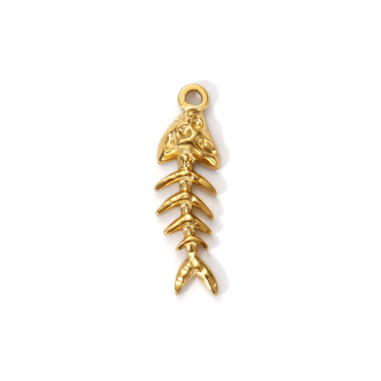 Imagen de 2 PCs Eco-friendly PVD Vacuum Plating 304 Stainless Steel Ocean Jewelry Charms 18K Real Gold Plated Fish Bone 28mm x 9mm