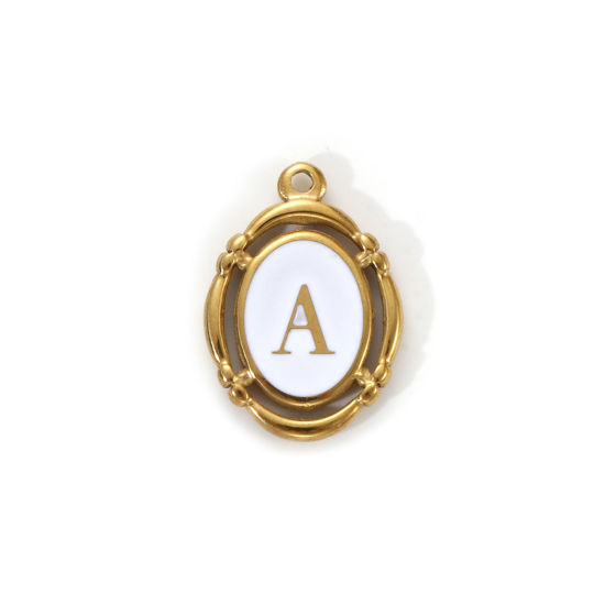 Immagine di 1 Pz Placcatura Sottovuoto PVD Ecologica 304 Acciaio Inossidabile Ciondoli Placcato Oro 18K Bianco Smalto Ovale Lettera Maiuscola Messaggio " A " Filigrana 20mm x 14mm