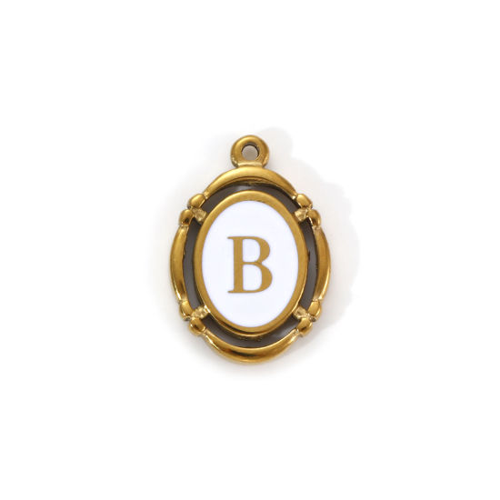 Immagine di 1 Pz Placcatura Sottovuoto PVD Ecologica 304 Acciaio Inossidabile Ciondoli Placcato Oro 18K Bianco Smalto Ovale Lettera Maiuscola Messaggio " B " Filigrana 20mm x 14mm