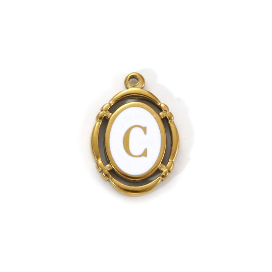 Immagine di 1 Pz Placcatura Sottovuoto PVD Ecologica 304 Acciaio Inossidabile Ciondoli Placcato Oro 18K Bianco Smalto Ovale Lettera Maiuscola Messaggio " C " Filigrana 20mm x 14mm