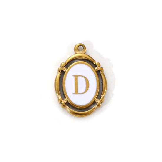 Immagine di 1 Pz Placcatura Sottovuoto PVD Ecologica 304 Acciaio Inossidabile Ciondoli Placcato Oro 18K Bianco Smalto Ovale Lettera Maiuscola Messaggio " D " Filigrana 20mm x 14mm