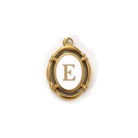 Immagine di 1 Pz Placcatura Sottovuoto PVD Ecologica 304 Acciaio Inossidabile Ciondoli Placcato Oro 18K Bianco Smalto Ovale Lettera Maiuscola Messaggio " E " Filigrana 20mm x 14mm