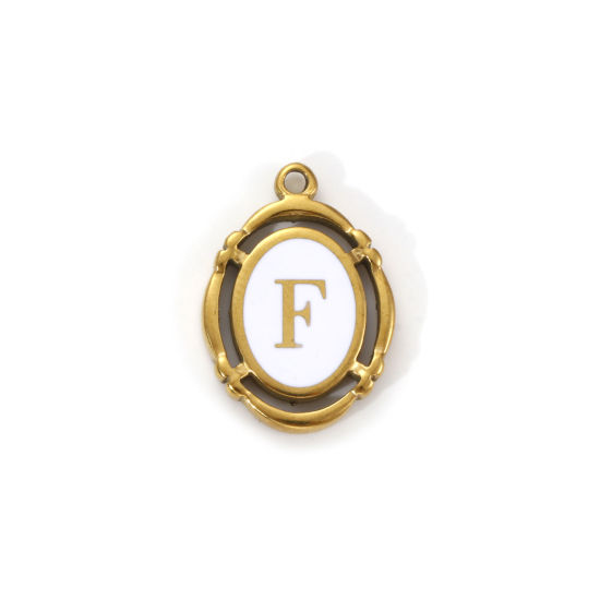 Immagine di 1 Pz Placcatura Sottovuoto PVD Ecologica 304 Acciaio Inossidabile Ciondoli Placcato Oro 18K Bianco Smalto Ovale Lettera Maiuscola Messaggio " F " Filigrana 20mm x 14mm