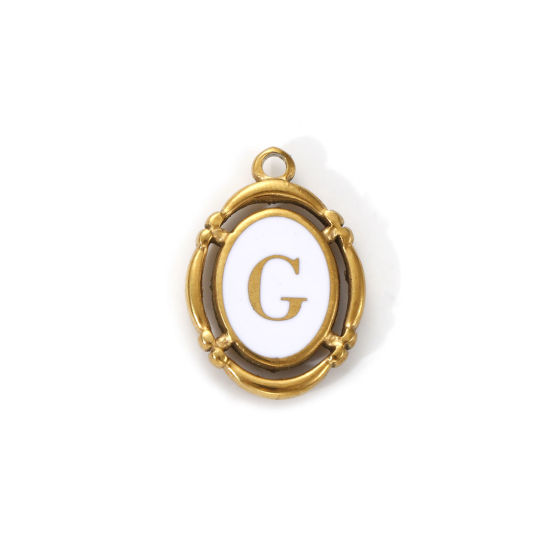 Immagine di 1 Pz Placcatura Sottovuoto PVD Ecologica 304 Acciaio Inossidabile Ciondoli Placcato Oro 18K Bianco Smalto Ovale Lettera Maiuscola Messaggio " G " Filigrana 20mm x 14mm