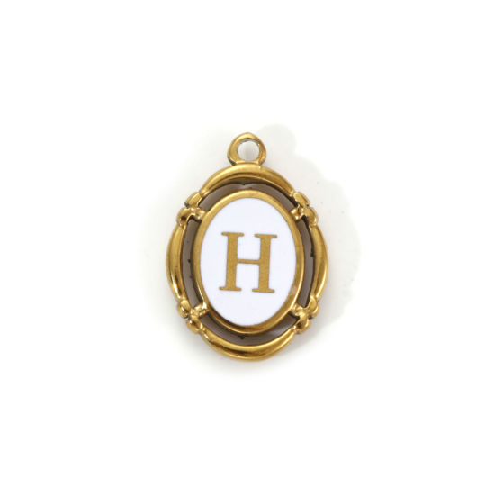 Immagine di 1 Pz Placcatura Sottovuoto PVD Ecologica 304 Acciaio Inossidabile Ciondoli Placcato Oro 18K Bianco Smalto Ovale Lettera Maiuscola Messaggio " H " Filigrana 20mm x 14mm