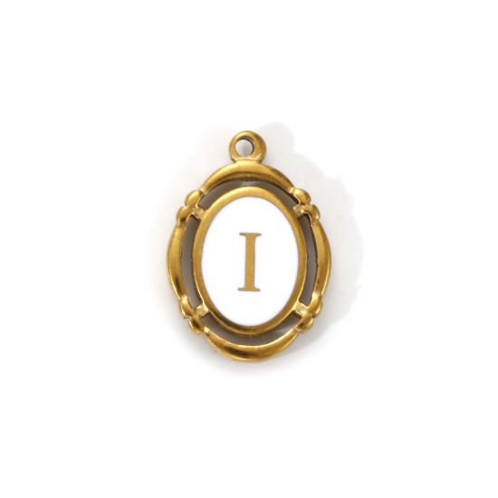 Immagine di 1 Pz Placcatura Sottovuoto PVD Ecologica 304 Acciaio Inossidabile Ciondoli Placcato Oro 18K Bianco Smalto Ovale Lettera Maiuscola Messaggio " I " Filigrana 20mm x 14mm