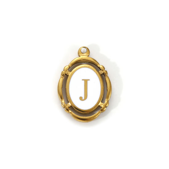 Immagine di 1 Pz Placcatura Sottovuoto PVD Ecologica 304 Acciaio Inossidabile Ciondoli Placcato Oro 18K Bianco Smalto Ovale Lettera Maiuscola Messaggio " J " Filigrana 20mm x 14mm