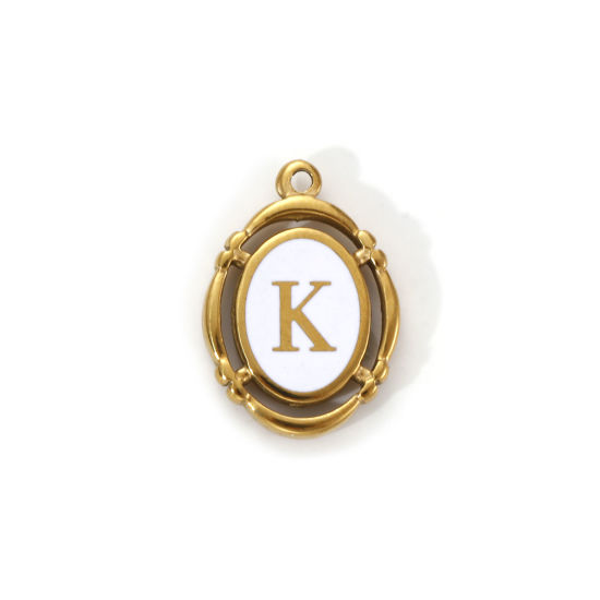 Immagine di 1 Pz Placcatura Sottovuoto PVD Ecologica 304 Acciaio Inossidabile Ciondoli Placcato Oro 18K Bianco Smalto Ovale Lettera Maiuscola Messaggio " K " Filigrana 20mm x 14mm