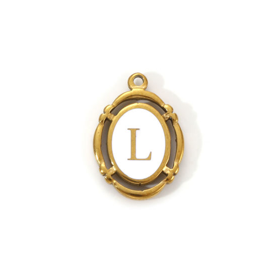 Immagine di 1 Pz Placcatura Sottovuoto PVD Ecologica 304 Acciaio Inossidabile Ciondoli Placcato Oro 18K Bianco Smalto Ovale Lettera Maiuscola Messaggio " L " Filigrana 20mm x 14mm