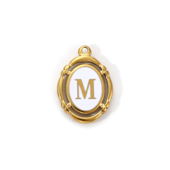 Immagine di 1 Pz Placcatura Sottovuoto PVD Ecologica 304 Acciaio Inossidabile Ciondoli Placcato Oro 18K Bianco Smalto Ovale Lettera Maiuscola Messaggio " M " Filigrana 20mm x 14mm