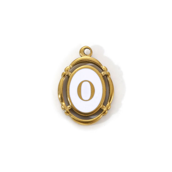 Immagine di 1 Pz Placcatura Sottovuoto PVD Ecologica 304 Acciaio Inossidabile Ciondoli Placcato Oro 18K Bianco Smalto Ovale Lettera Maiuscola Messaggio " O " Filigrana 20mm x 14mm