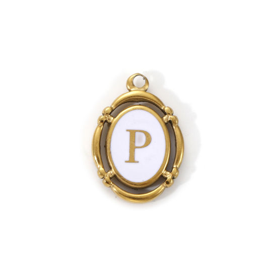 Immagine di 1 Pz Placcatura Sottovuoto PVD Ecologica 304 Acciaio Inossidabile Ciondoli Placcato Oro 18K Bianco Smalto Ovale Lettera Maiuscola Messaggio " P " Filigrana 20mm x 14mm