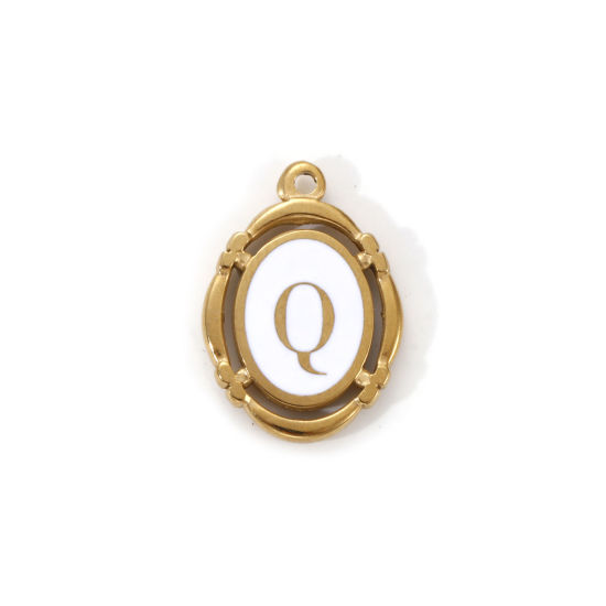 Immagine di 1 Pz Placcatura Sottovuoto PVD Ecologica 304 Acciaio Inossidabile Ciondoli Placcato Oro 18K Bianco Smalto Ovale Lettera Maiuscola Messaggio " Q " Filigrana 20mm x 14mm