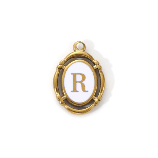 Immagine di 1 Pz Placcatura Sottovuoto PVD Ecologica 304 Acciaio Inossidabile Ciondoli Placcato Oro 18K Bianco Smalto Ovale Lettera Maiuscola Messaggio " R " Filigrana 20mm x 14mm