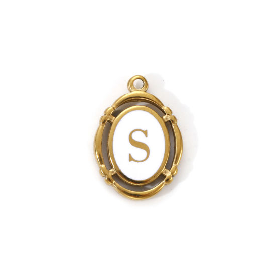 Immagine di 1 Pz Placcatura Sottovuoto PVD Ecologica 304 Acciaio Inossidabile Ciondoli Placcato Oro 18K Bianco Smalto Ovale Lettera Maiuscola Messaggio " S " Filigrana 20mm x 14mm