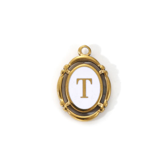 Immagine di 1 Pz Placcatura Sottovuoto PVD Ecologica 304 Acciaio Inossidabile Ciondoli Placcato Oro 18K Bianco Smalto Ovale Lettera Maiuscola Messaggio " T " Filigrana 20mm x 14mm