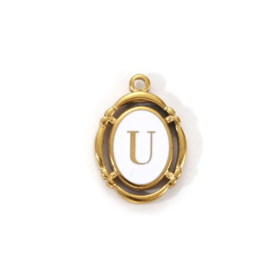 Immagine di 1 Pz Placcatura Sottovuoto PVD Ecologica 304 Acciaio Inossidabile Ciondoli Placcato Oro 18K Bianco Smalto Ovale Lettera Maiuscola Messaggio " U " Filigrana 20mm x 14mm