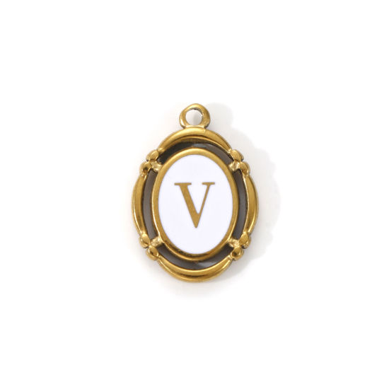 Immagine di 1 Pz Placcatura Sottovuoto PVD Ecologica 304 Acciaio Inossidabile Ciondoli Placcato Oro 18K Bianco Smalto Ovale Lettera Maiuscola Messaggio " V " Filigrana 20mm x 14mm