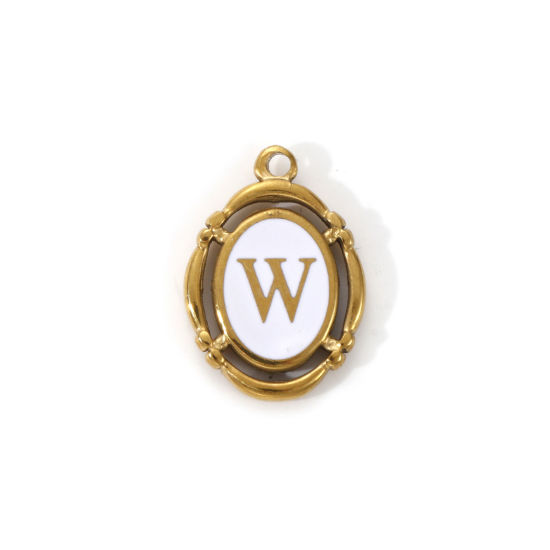 Immagine di 1 Pz Placcatura Sottovuoto PVD Ecologica 304 Acciaio Inossidabile Ciondoli Placcato Oro 18K Bianco Smalto Ovale Lettera Maiuscola Messaggio " W " Filigrana 20mm x 14mm