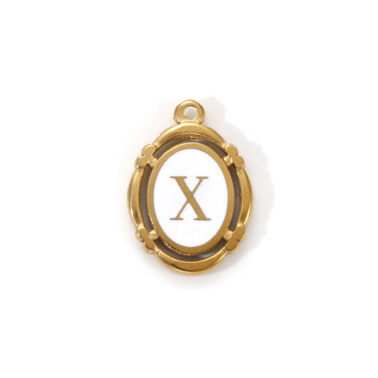 Immagine di 1 Pz Placcatura Sottovuoto PVD Ecologica 304 Acciaio Inossidabile Ciondoli Placcato Oro 18K Bianco Smalto Ovale Lettera Maiuscola Messaggio " X " Filigrana 20mm x 14mm
