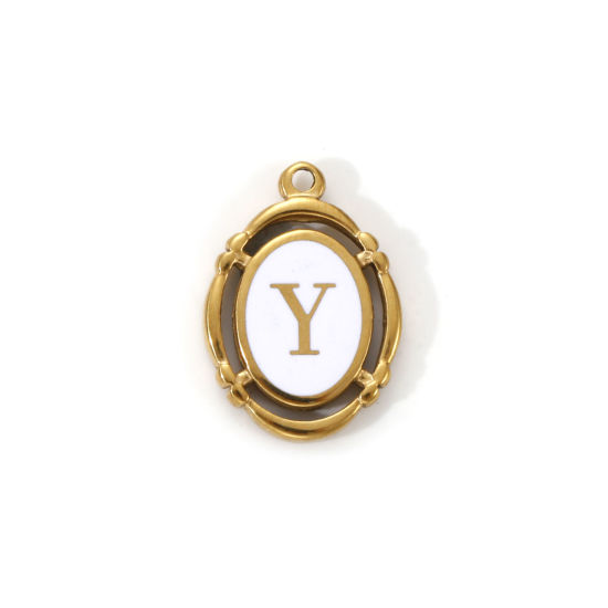Immagine di 1 Pz Placcatura Sottovuoto PVD Ecologica 304 Acciaio Inossidabile Ciondoli Placcato Oro 18K Bianco Smalto Ovale Lettera Maiuscola Messaggio " Y " Filigrana 20mm x 14mm